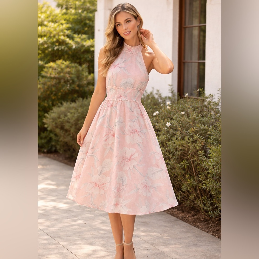 Halter Smocked Waist Midi Dress in Blush Floral
